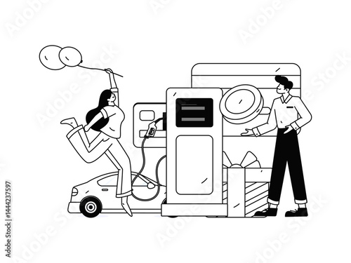 Vector Internet operation hand-drawn illustration of people getting discounts for refueling their cars
