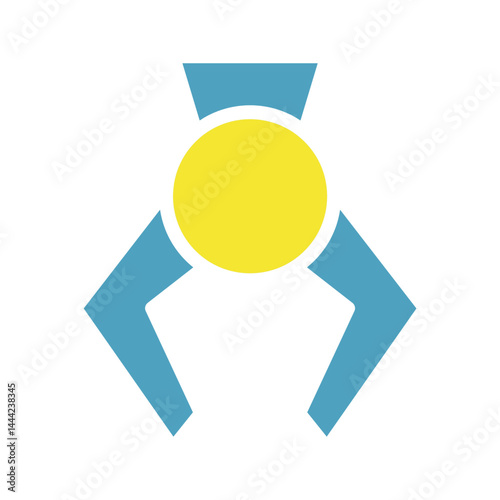 Minimalistic geometric design featuring robotic claw holding a golden sphere