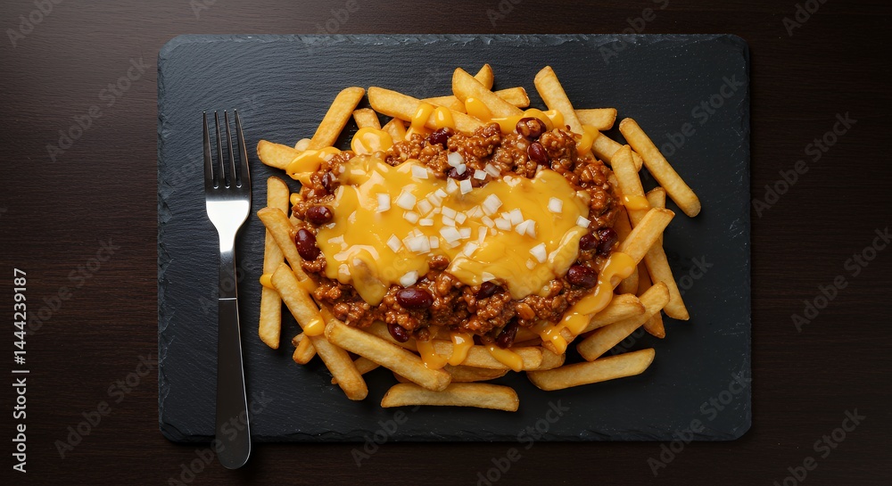 Enjoying Loaded Chili Cheese Fries Delicious Comfort Food on Dark Surface