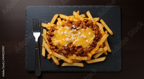 Obraz na płótnie Enjoying Loaded Chili Cheese Fries Delicious Comfort Food on Dark Surface w salonie