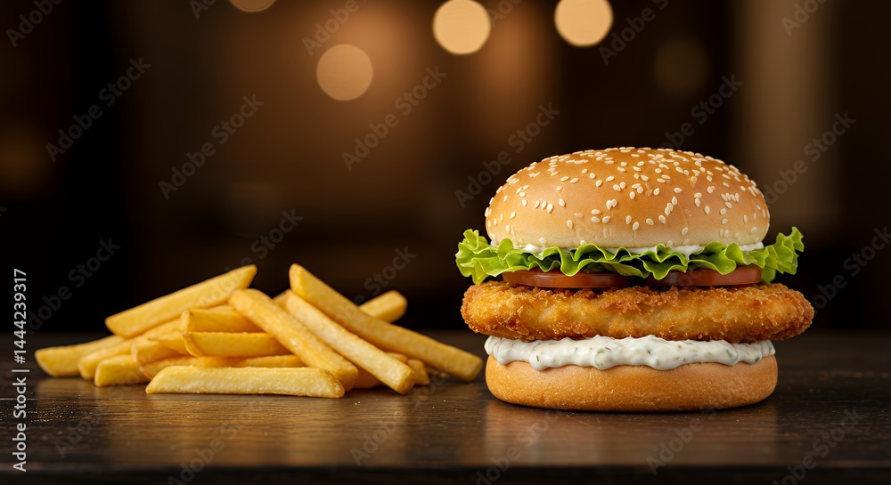 Fish Sandwich with French Fries on a Dark Wooden Table