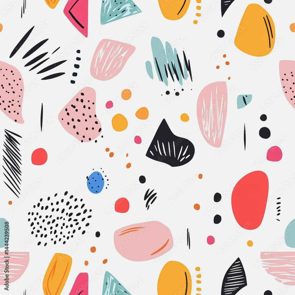 Abstract white background with colorful Memphis style seamless pattern. Creative minimalist style art background for children or trendy design with basic shapes. Simple childish scribble backdrop