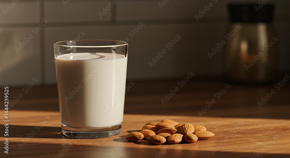 Glass of Almond Milk with Almonds on a Wooden Surface