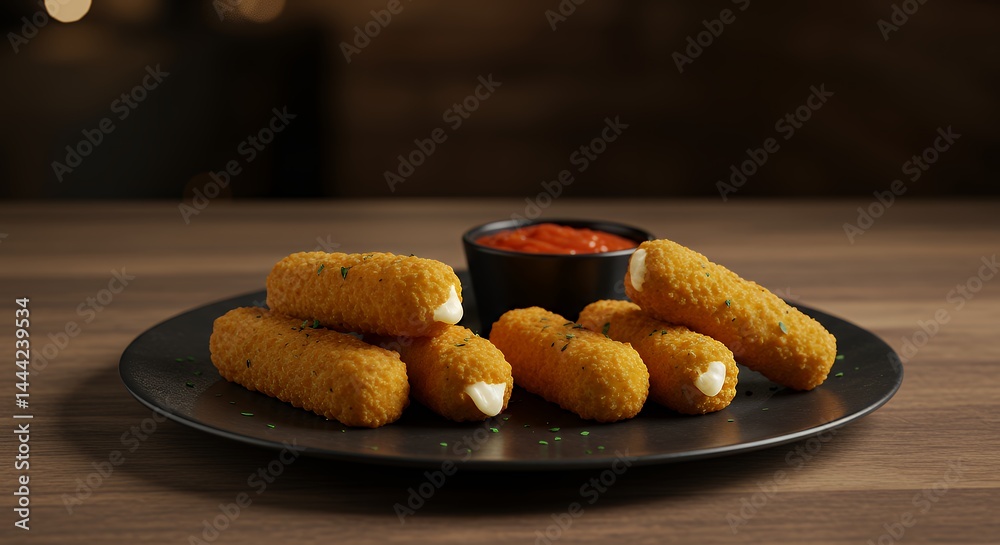 Golden Fried Mozzarella Sticks with Dipping Sauce on a Plate