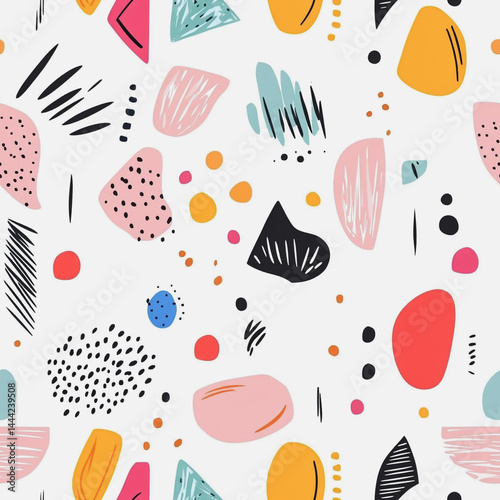 Obraz na płótnie Abstract white background with colorful Memphis style seamless pattern. Creative minimalist style art background for children or trendy design with basic shapes. Simple childish scribble backdrop w salonie