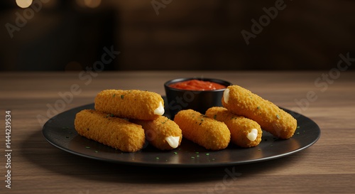 Obraz na płótnie Golden Fried Mozzarella Sticks with Dipping Sauce on a Plate w salonie