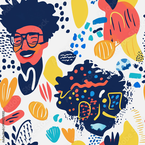 Obraz na płótnie Abstract white background with colorful Memphis style seamless pattern. Creative minimalist style art background for children or trendy design with basic shapes. Simple childish scribble backdrop w salonie