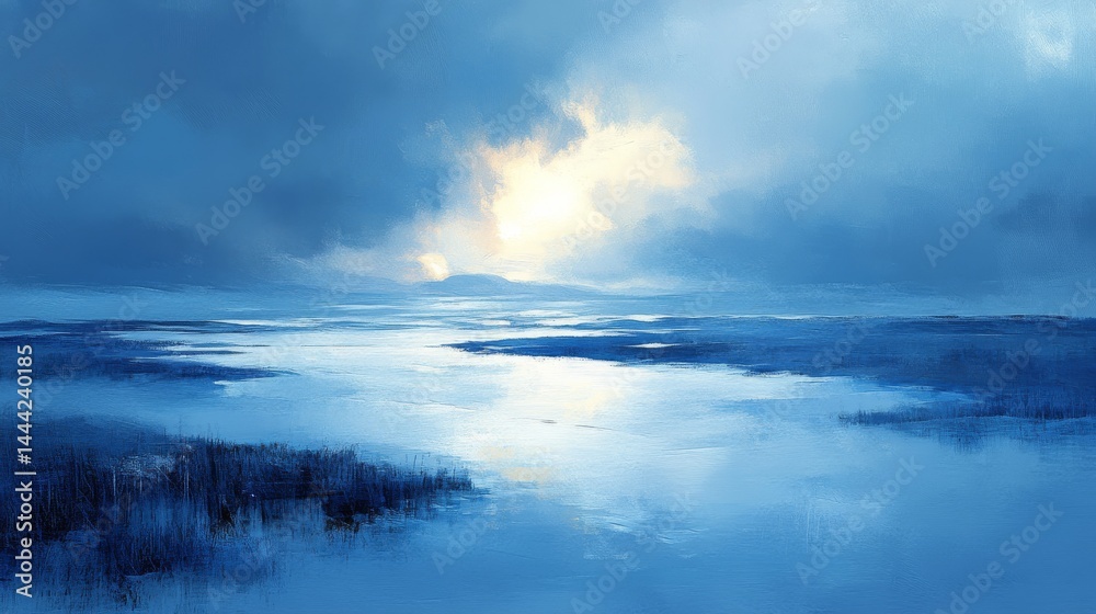 Fototapeta premium Tranquil, painted, blue landscape view.