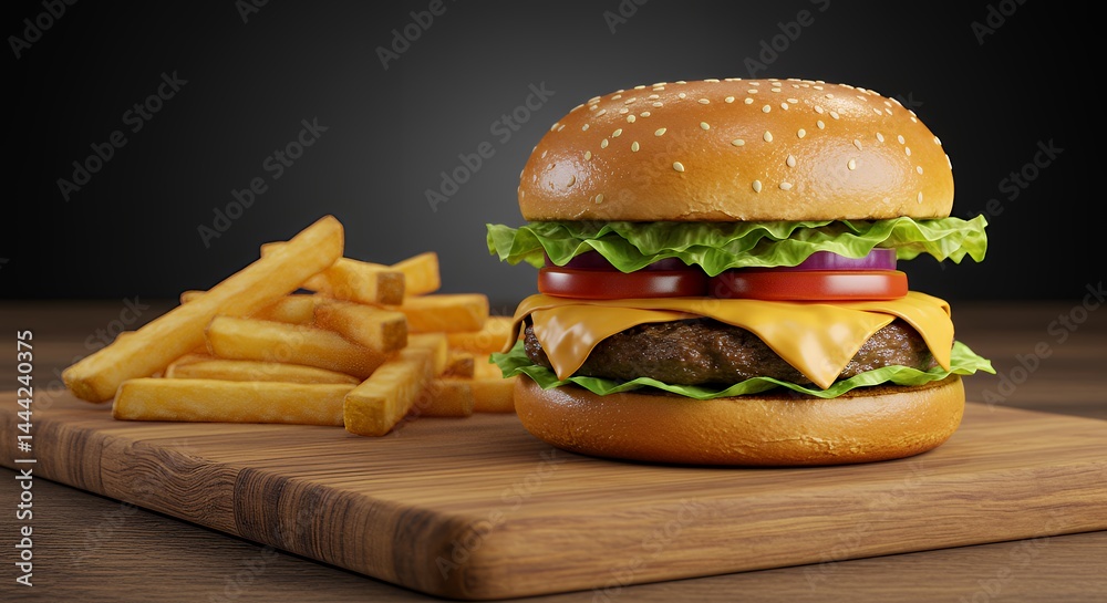Hamburger and Fries on a Wooden Board Delicious Fast Food Meal