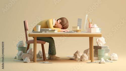 A 3D clay-style character slouched at a desk, overwhelmed with papers and a tired face. Designed in soft pastel tones, this clean scene perfectly illustrates burnout, fatigue, or work-life imbalance —
