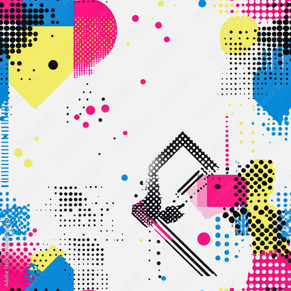 Abstract white background with colorful Memphis style seamless pattern. Creative minimalist style art background for children or trendy design with basic shapes. Simple childish scribble backdrop