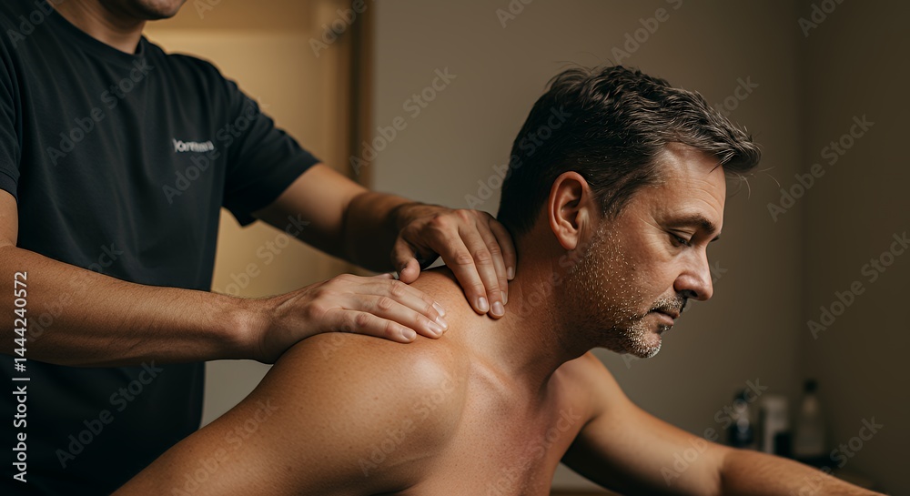 Man Receiving Neck and Shoulder Massage in a Relaxing Spa