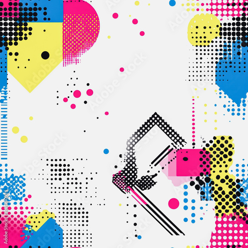 Obraz na płótnie Abstract white background with colorful Memphis style seamless pattern. Creative minimalist style art background for children or trendy design with basic shapes. Simple childish scribble backdrop w salonie