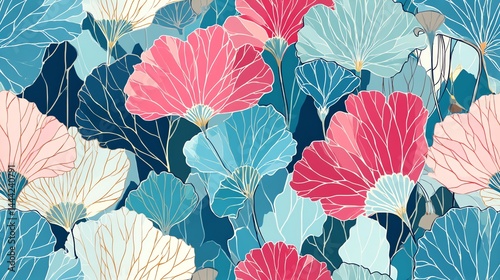 Floral Illustration Pattern with Pink, Blue, and White Flowers and Gold Lines