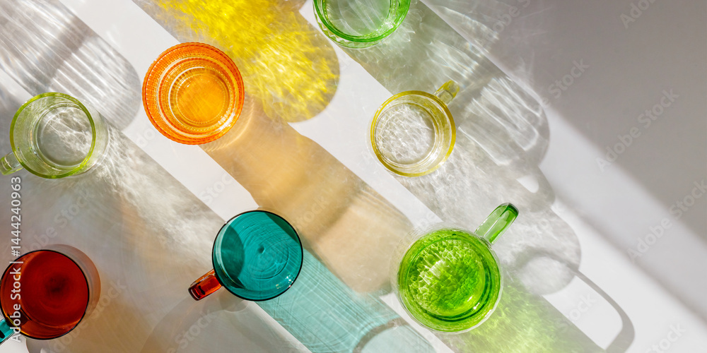 Colored shiny drink Glasses still life with shadow and sunlight reflections on white, minimal aesthetic top view summer banner, refraction at glass cups with sun glare, creative trend pattern