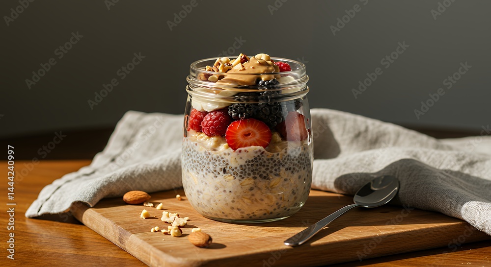 Overnight Oats with Berries and Nuts in a Glass Jar