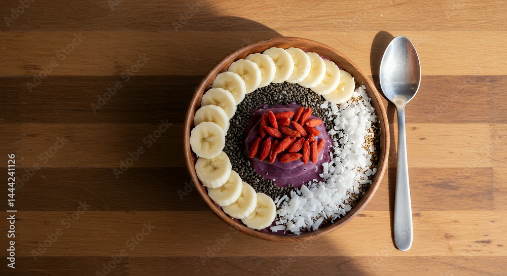 Preparing Healthy Acai Bowl with Banana and Goji Berries on Wood