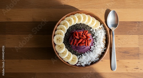Obraz na płótnie Preparing Healthy Acai Bowl with Banana and Goji Berries on Wood w salonie