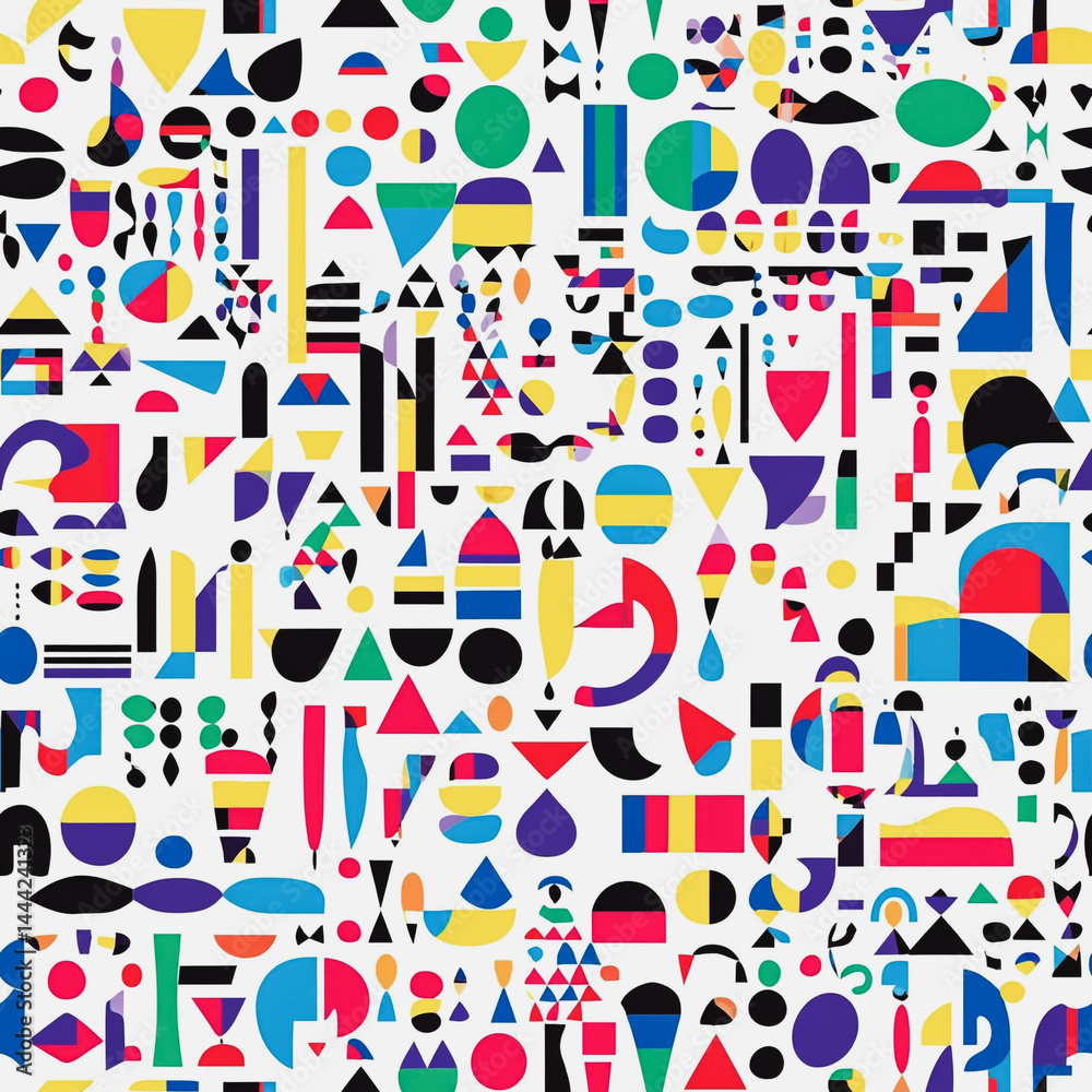 Abstract white background with colorful Memphis style seamless pattern. Creative minimalist style art background for children or trendy design with basic shapes. Simple childish scribble backdrop