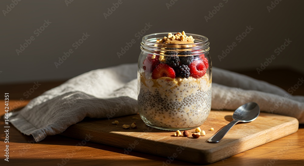 Preparing Overnight Oats in Glass Jar with Berries and Peanut Butter