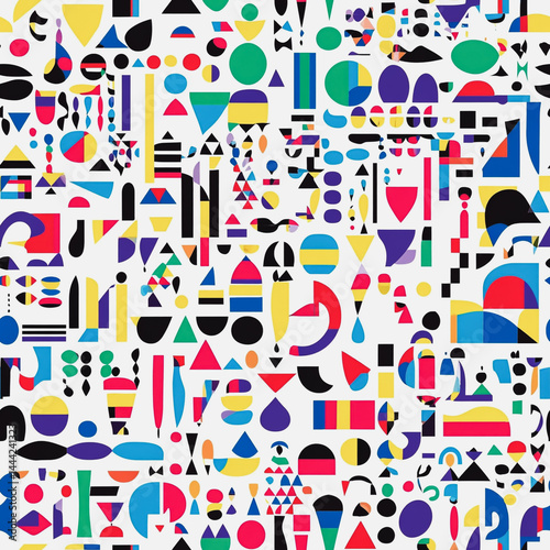 Obraz na płótnie Abstract white background with colorful Memphis style seamless pattern. Creative minimalist style art background for children or trendy design with basic shapes. Simple childish scribble backdrop w salonie