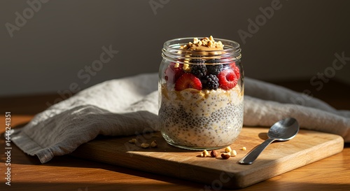 Obraz na płótnie Preparing Overnight Oats in Glass Jar with Berries and Peanut Butter w salonie