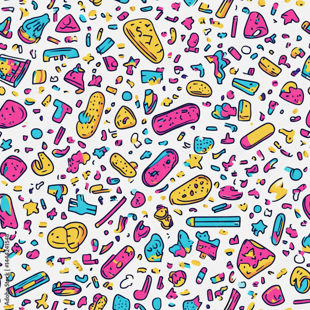 Abstract white background with colorful Memphis style seamless pattern. Creative minimalist style art background for children or trendy design with basic shapes. Simple childish scribble backdrop