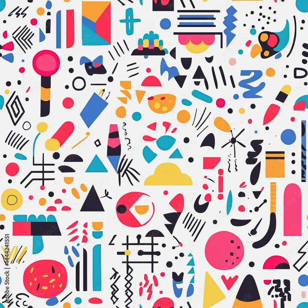 Abstract white background with colorful Memphis style seamless pattern. Creative minimalist style art background for children or trendy design with basic shapes. Simple childish scribble backdrop