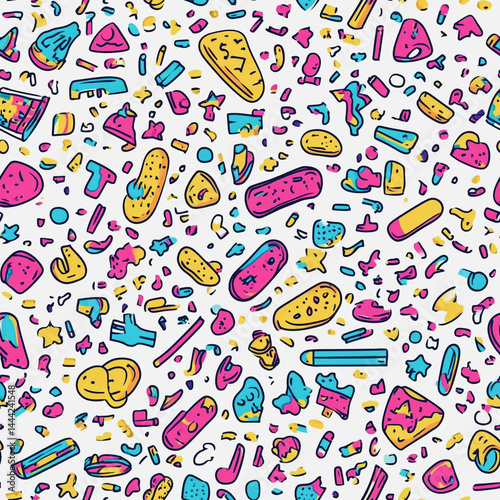 Obraz na płótnie Abstract white background with colorful Memphis style seamless pattern. Creative minimalist style art background for children or trendy design with basic shapes. Simple childish scribble backdrop w salonie