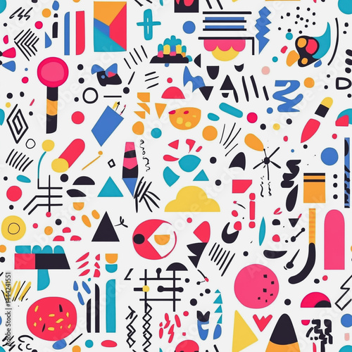 Obraz na płótnie Abstract white background with colorful Memphis style seamless pattern. Creative minimalist style art background for children or trendy design with basic shapes. Simple childish scribble backdrop w salonie