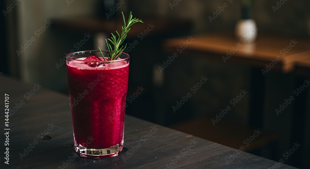 Refreshing Red Smoothie in Glass with Rosemary Garnish on Counter