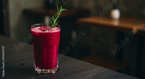 Obraz na płótnie Refreshing Red Smoothie in Glass with Rosemary Garnish on Counter w salonie