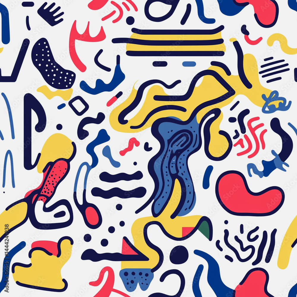 Abstract white background with colorful Memphis style seamless pattern. Creative minimalist style art background for children or trendy design with basic shapes. Simple childish scribble backdrop