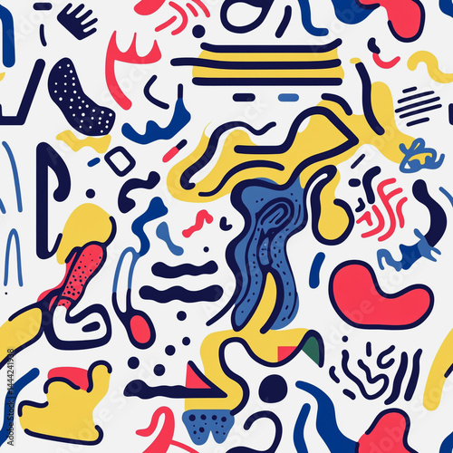 Obraz na płótnie Abstract white background with colorful Memphis style seamless pattern. Creative minimalist style art background for children or trendy design with basic shapes. Simple childish scribble backdrop w salonie