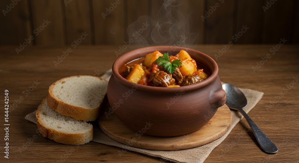 Serving Hot Meat Stew in Rustic Bowl with Bread Slices