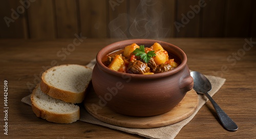 Obraz na płótnie Serving Hot Meat Stew in Rustic Bowl with Bread Slices w salonie