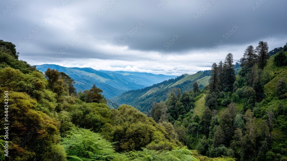 Fototapeta premium Lush Green Mountain Landscape with Cloudy Sky - Scenic Valley View