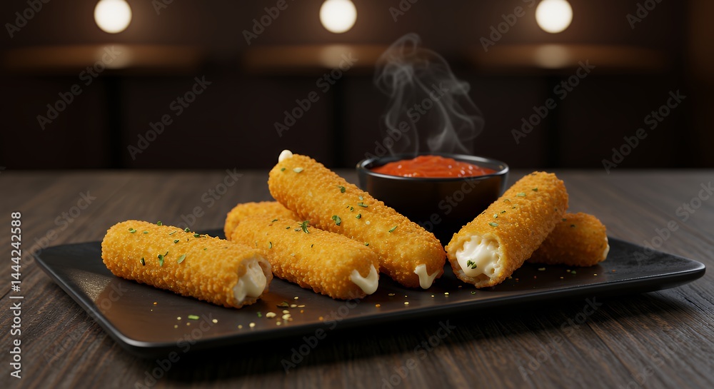 Serving of Hot Mozzarella Sticks with Marinara Sauce on Plate