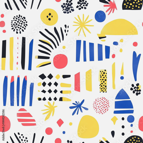 Abstract white background with colorful Memphis style   seamless pattern. Creative minimalist style art background for children or trendy design with basic shapes. Simple childish scribble backdrop 