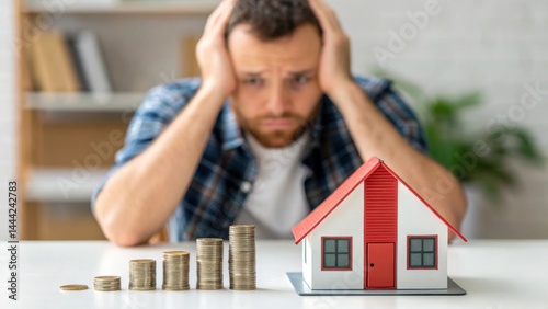 Financial trouble budget. Frustrated man calculating finances with coins and a model house in front of him.