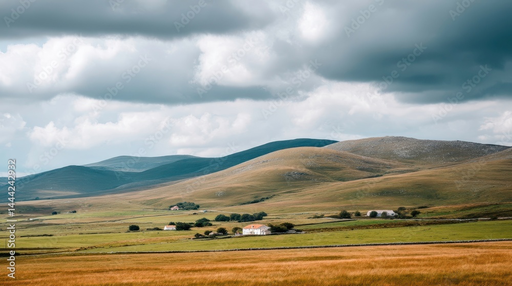 Obraz premium Rolling Hills Landscape, Rural Scenery, Tranquil Countryside, Farmhouse and Dramatic Sky