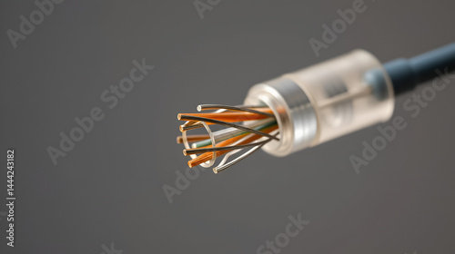 Stripped coax cable closeup on dart soft background
