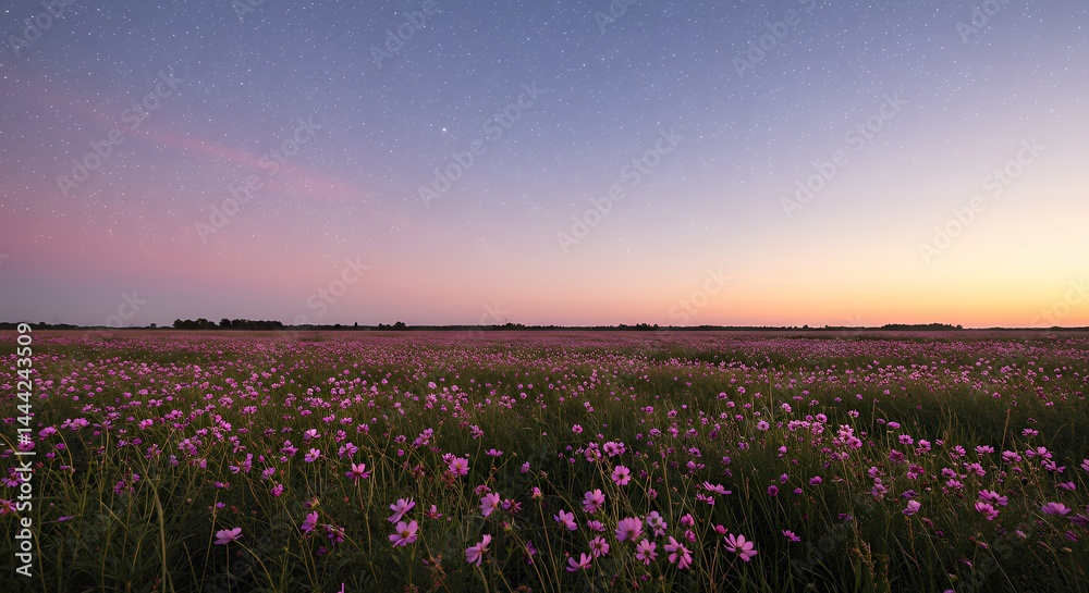 Blooming Flower Field Under Starry Sky at Dusk with Pink Hues