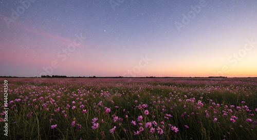 Obraz na płótnie Blooming Flower Field Under Starry Sky at Dusk with Pink Hues w salonie