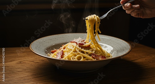 Eating Hot Pasta with Bacon and Parmesan Cheese on Fork