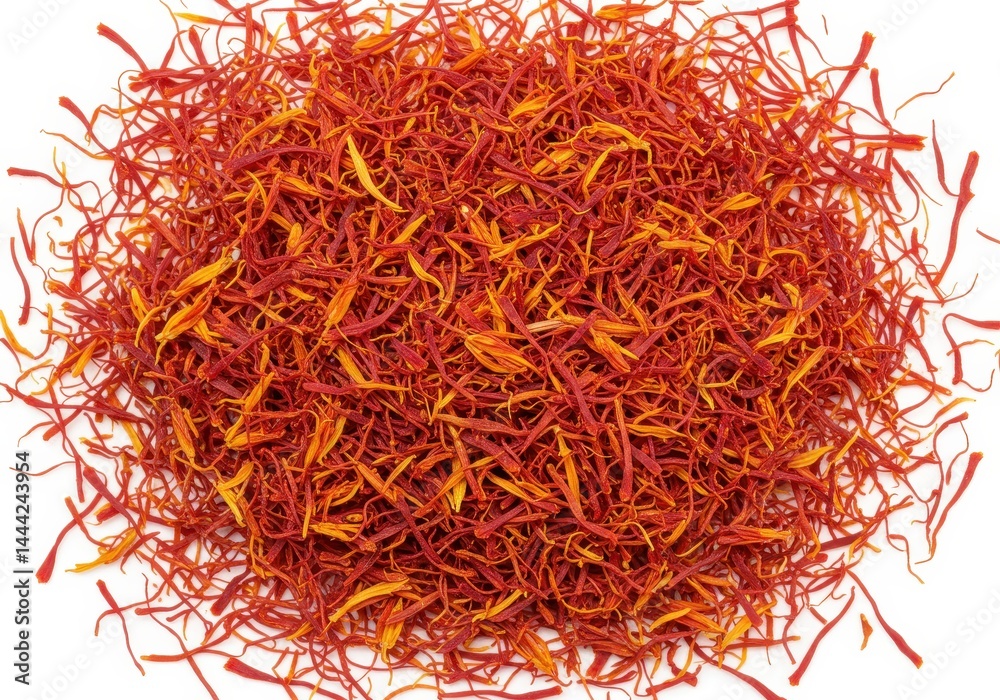 Fototapeta premium A close up view of a pile of saffron threads on a white background in a studio setting