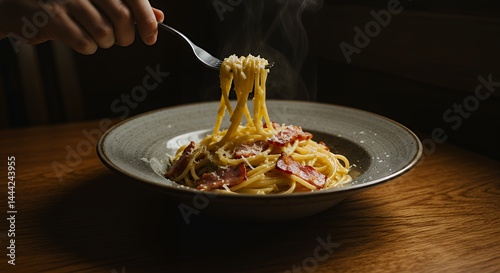 Eating Hot Spaghetti Carbonara with Fork, Delicious Meal, Table Setting