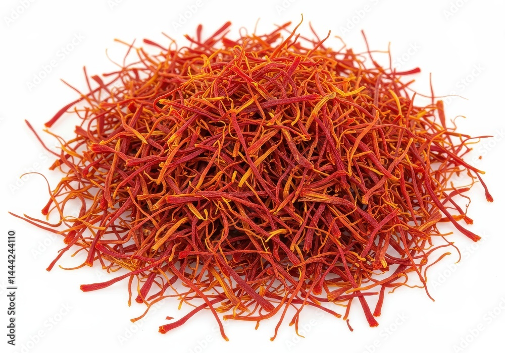Naklejka premium A close up shot of a pile of vibrant red saffron threads against a plain white background surface