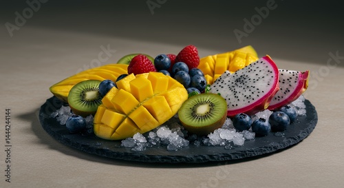 Exotic Fruit Display on Slate with Ice Crystals for Serving
