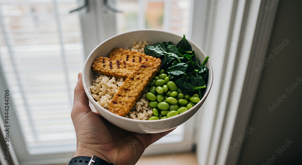 Holding Healthy Tempeh Bowl with Edamame and Spinach Near Window
